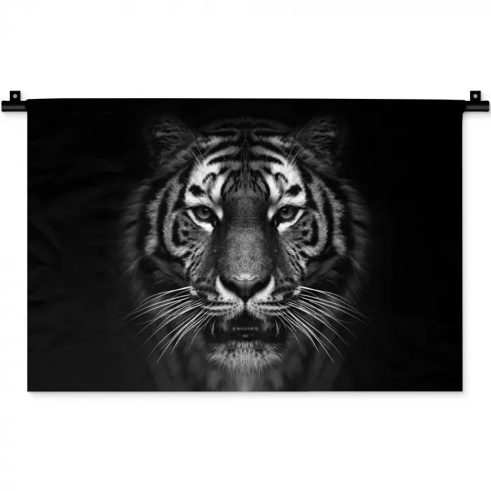 Tijger - Dieren - Zwart - Wit - Portret - Wild Wandkleed katoen klein -zz3d