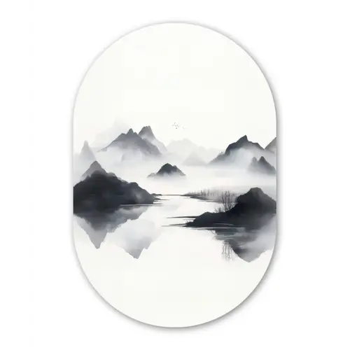 Bergen - Mistig - Water - Wit Wandcirkel Ovaal Glas middel -3d