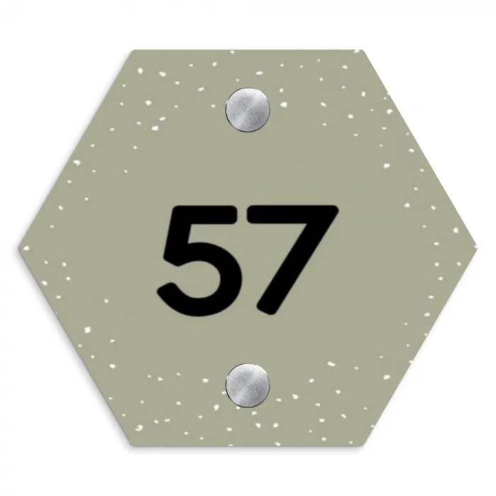 Olijfgroen met stippen - Traditioneel Naambord Hexagon klein -3d