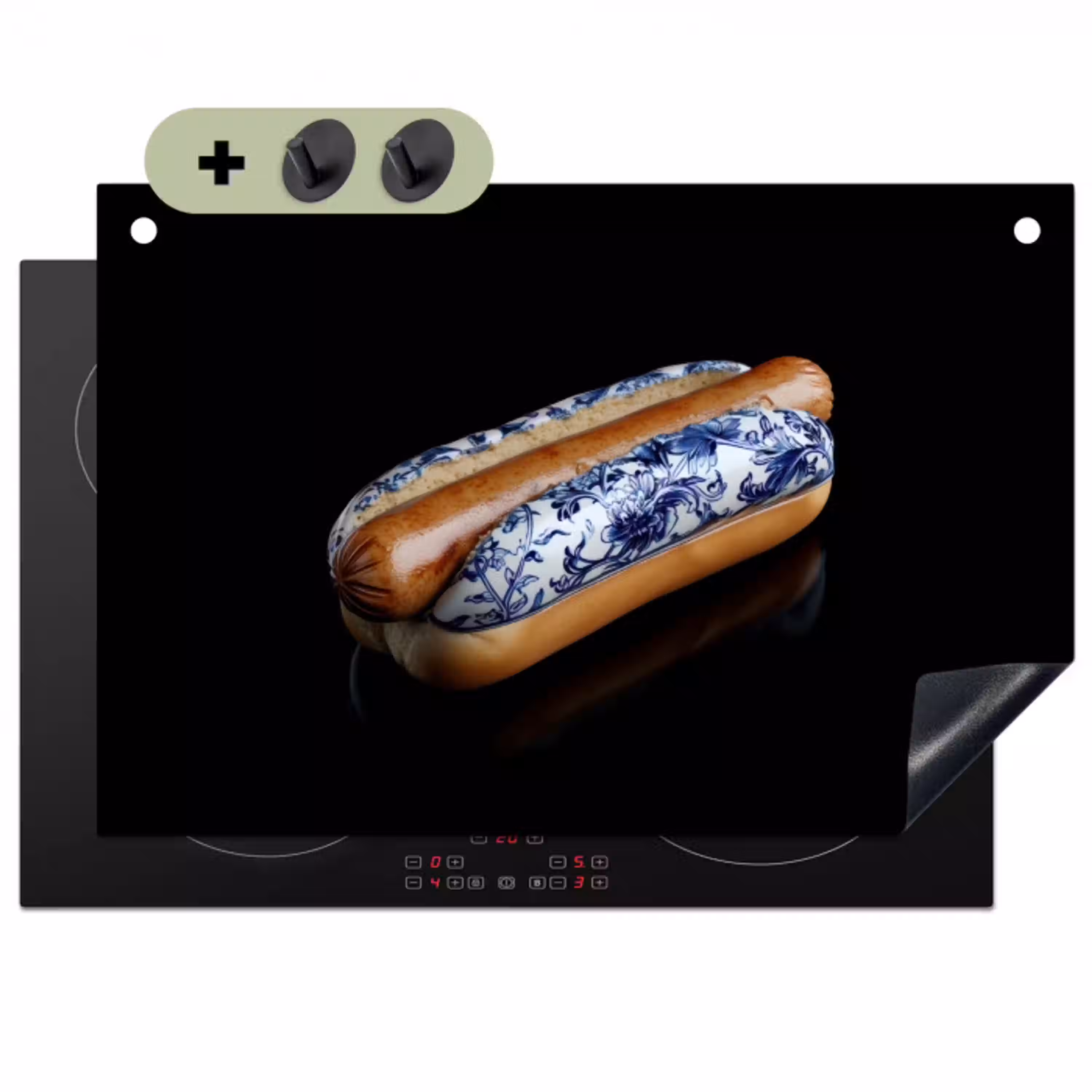 Hotdog - Porselein - Delfts blauw - Eten Inductie beschemer met haakjes klein -3d