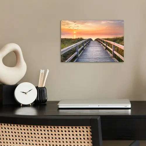 Zonsonderang - Zee - Pad - Gras - Duin - Vogels poster papier klein -sfeer1