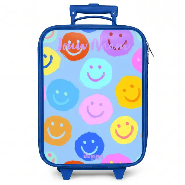 Kinderkoffer blauw met naam - Vrolijk patroon van smileys