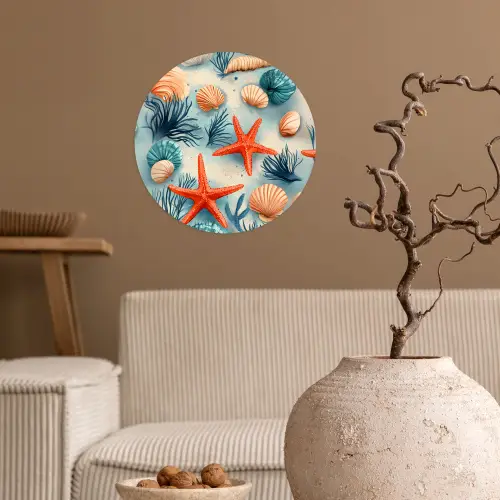 Zeesterren - Schelpen - Illustratie - Zand Wandcirkel behangsticker klein -sfeer1