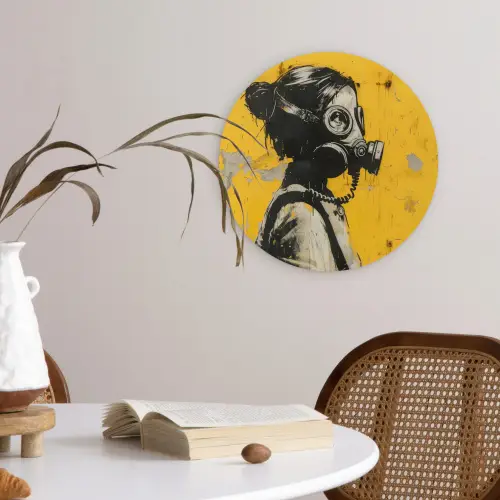 Vintage - Street art - Meisje - Masker - Geel - Banksy Wandcirkel kunststof plaat 5mm dik klein -sfeer4