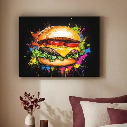 Hamburger - Graffiti - Verf - Kleurrijk - Eten - Abstract Textielframe zwart klein -sfeer1