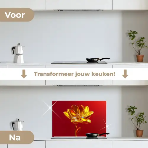 Bloem - Goud - Glazen keuken achterwand spatscherm klein -voor_na_NL