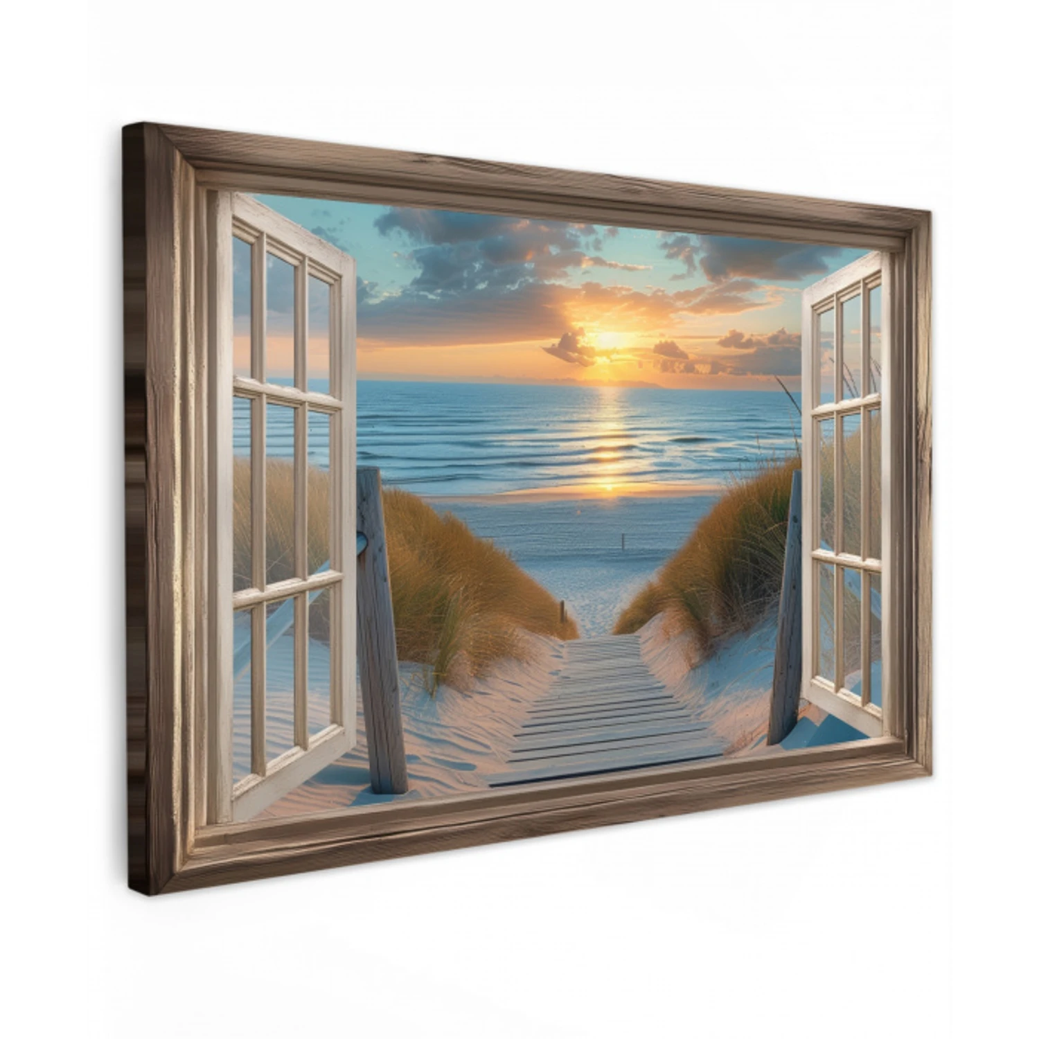 Doorkijk - Strand - Pad - Zonsondergang Tuinposter op houten frame 2 cm dik klein -3d