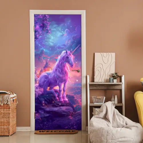 Eenhoorn - Fantasy - Kasteel - Meisje - Paars - Roze deurposter klein -sfeer1