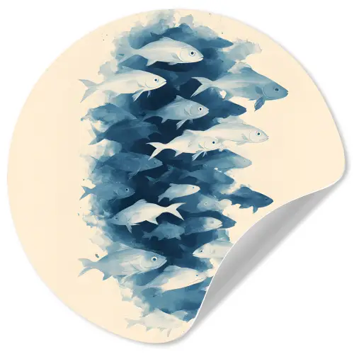 Vissen - Minimalistisch - Blauw Wandcirkel behangsticker klein -3d