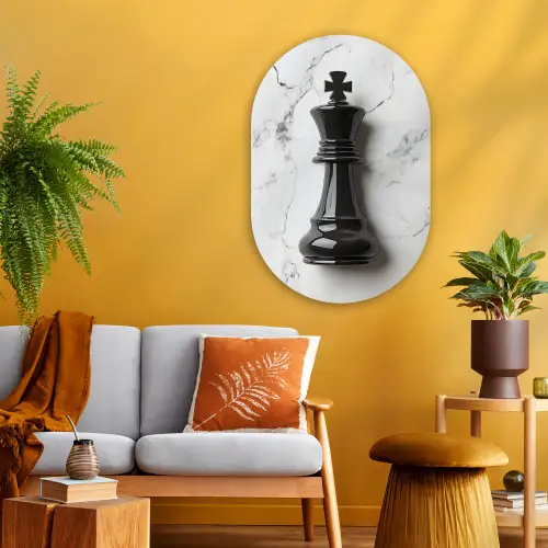 Schaakstuk - Koning - Zwart - Marmer Wandcirkel Ovaal Glas middel -sfeer4