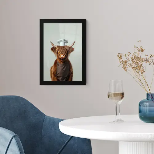 Schotse Hooglander - Bruin - Hoorns - Kokskleding fotolijst zwart zonder passe partout klein -sfeer4
