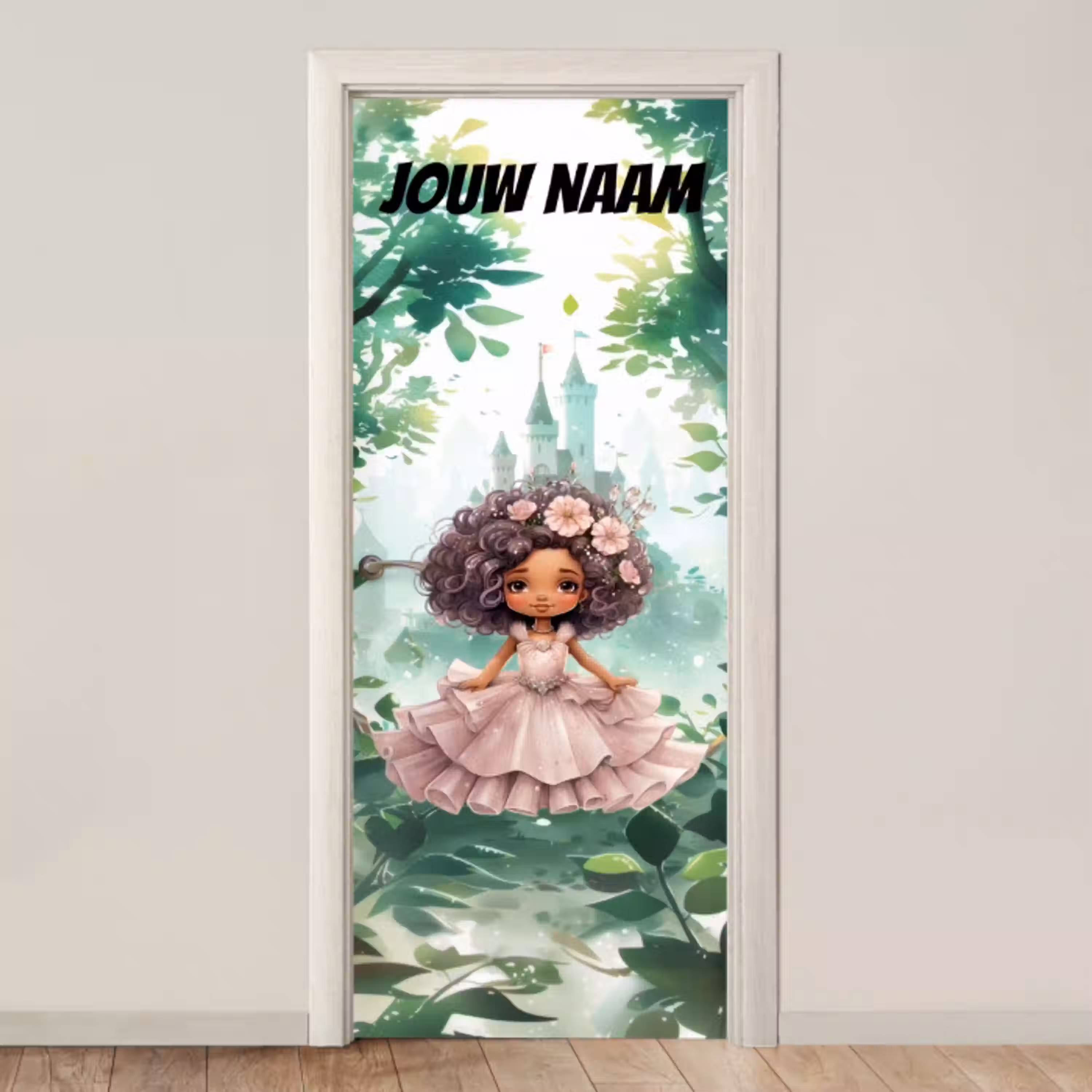 Sprookjesachtig meisje in jurk met bloemen en de tekst “Deze kamer is van: jouw naam”. deurposter klein -3d_beige