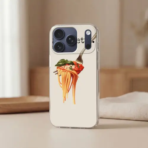 Spaghetti - tomatensaus - Parmezaanse kaas Telefoonhoesje iPhone 17 Pro klein -sfeer2