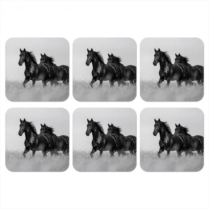 Paarden - Gras - Zwart - Wit onderzetter kurk middel -3d