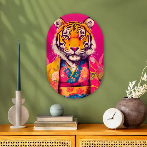 Tijger - Kimono - Planten - Roze Wandcirkel Ovaal Forex klein -sfeer2