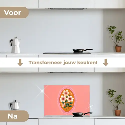 Illustratie - Bloemen - Rand - Roze keuken achterwand spatscherm klein -voor_na_NL