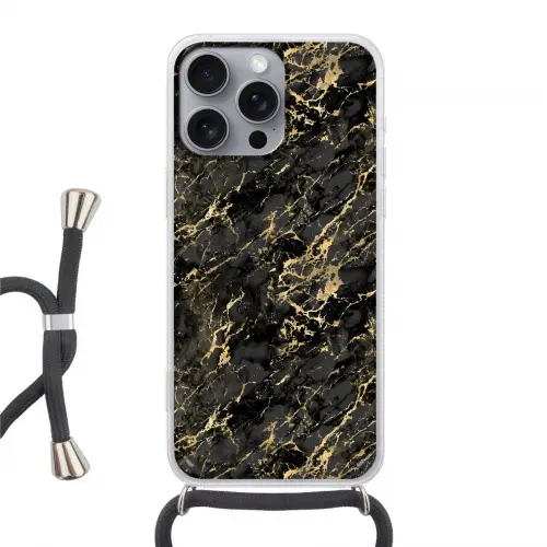 Marmer - Zwart - Goudstructuur Hoesje iPhone 16 Pro Max met koord klein 804 -3d