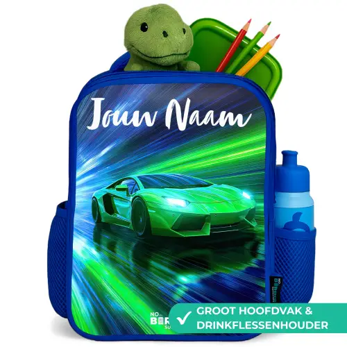 Sportauto - Groen - Snelheidslijnen - Neon Kinderrugzak - Blauw middel -inhoud_NL