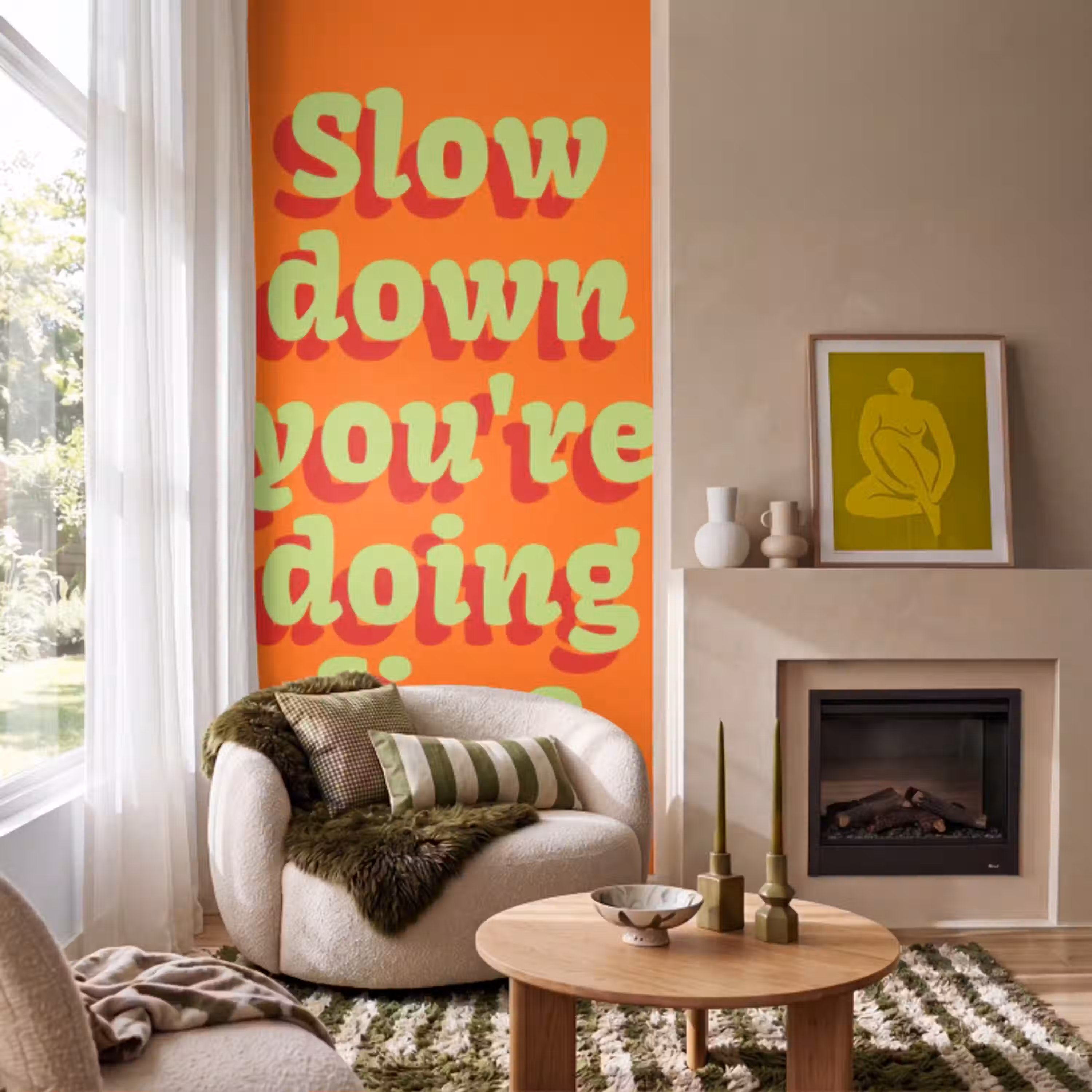 Oranje - Slow down you're doing fine - Retro Behang Vlies klein -sfeer2