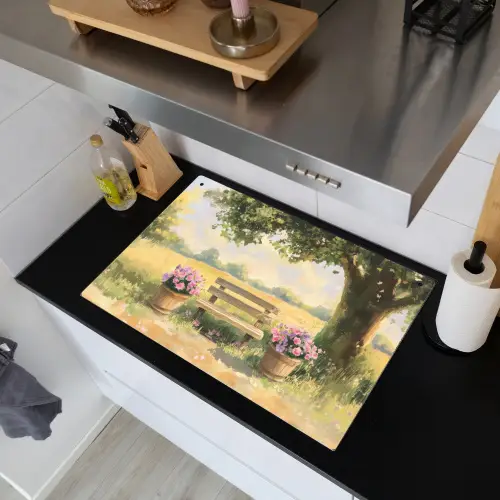 Houten bankje - Bloempotten - Landschap Inductie beschemer met haakjes klein -sfeer1