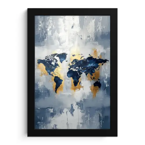 Wereldkaart - Blauw - Abstract fotolijst zwart zonder passe partout klein -3d