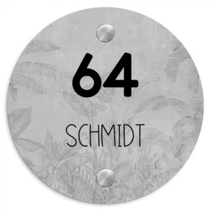 Grijs botanisch patroon - Modern Naambord Rond klein -3d