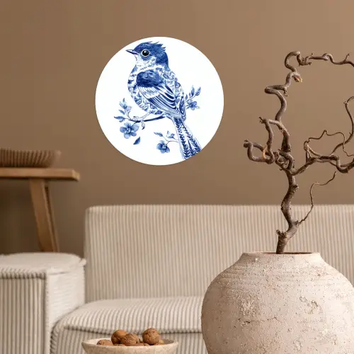 Vogel - Delfts blauw - Illustratie - Bloemen Wandcirkel behangsticker klein -sfeer1