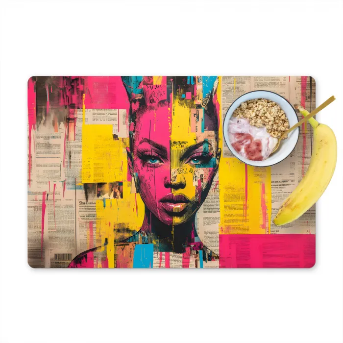 Vrouwengezicht - Krantenpapier - Abstract - Roze Placemat vinyl groot -zzzproduct_Kitchenyeah-website
