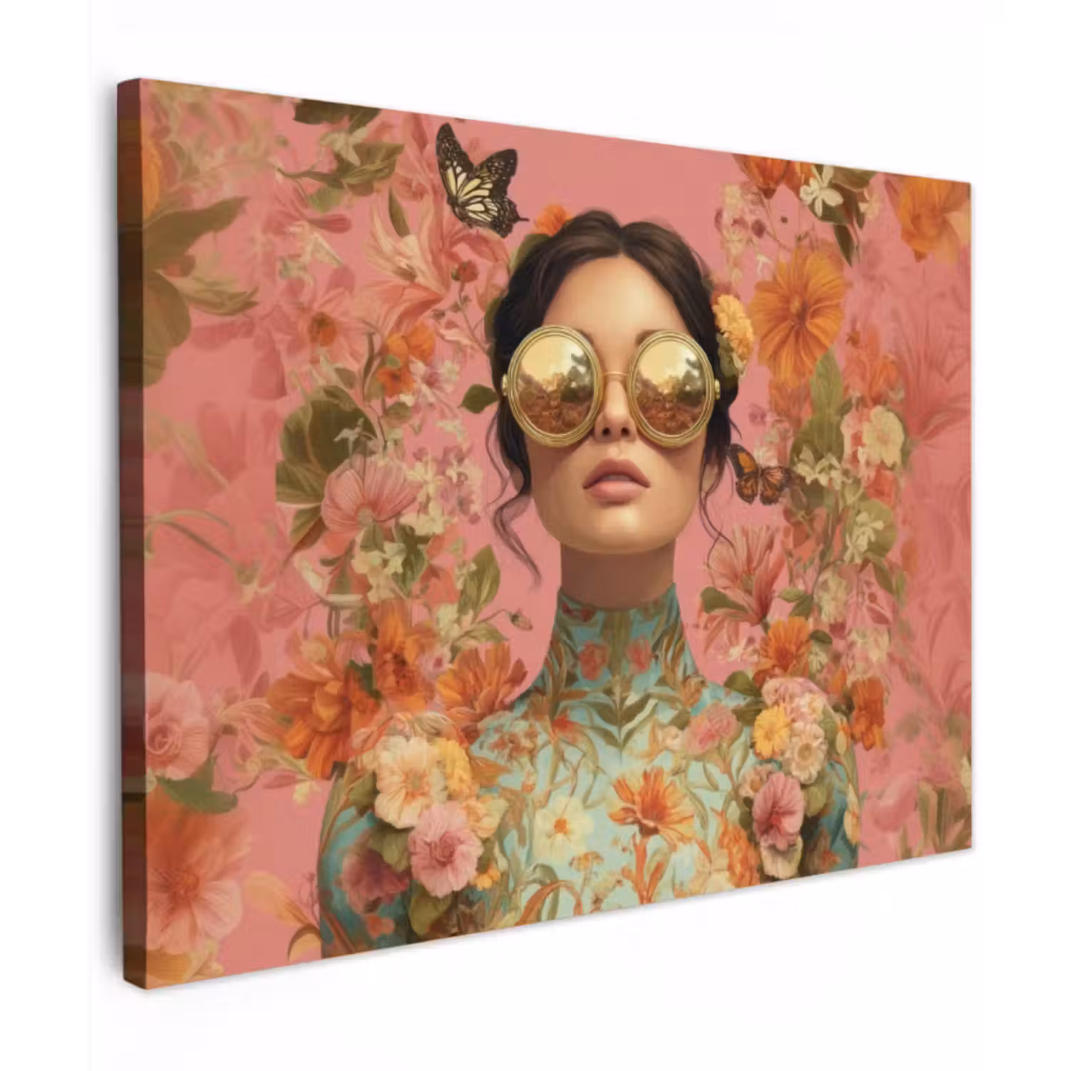 Canvas schilderij - Vrouw - Bril - Roze - Bloemen