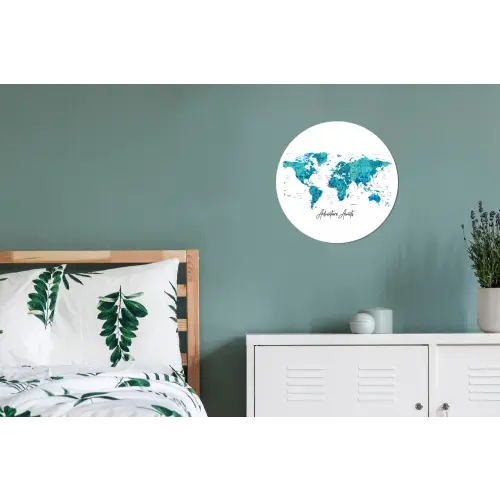 Wereldkaart - Blauw - Kleurrijk Wandcirkel aluminium klein -slaapkamer