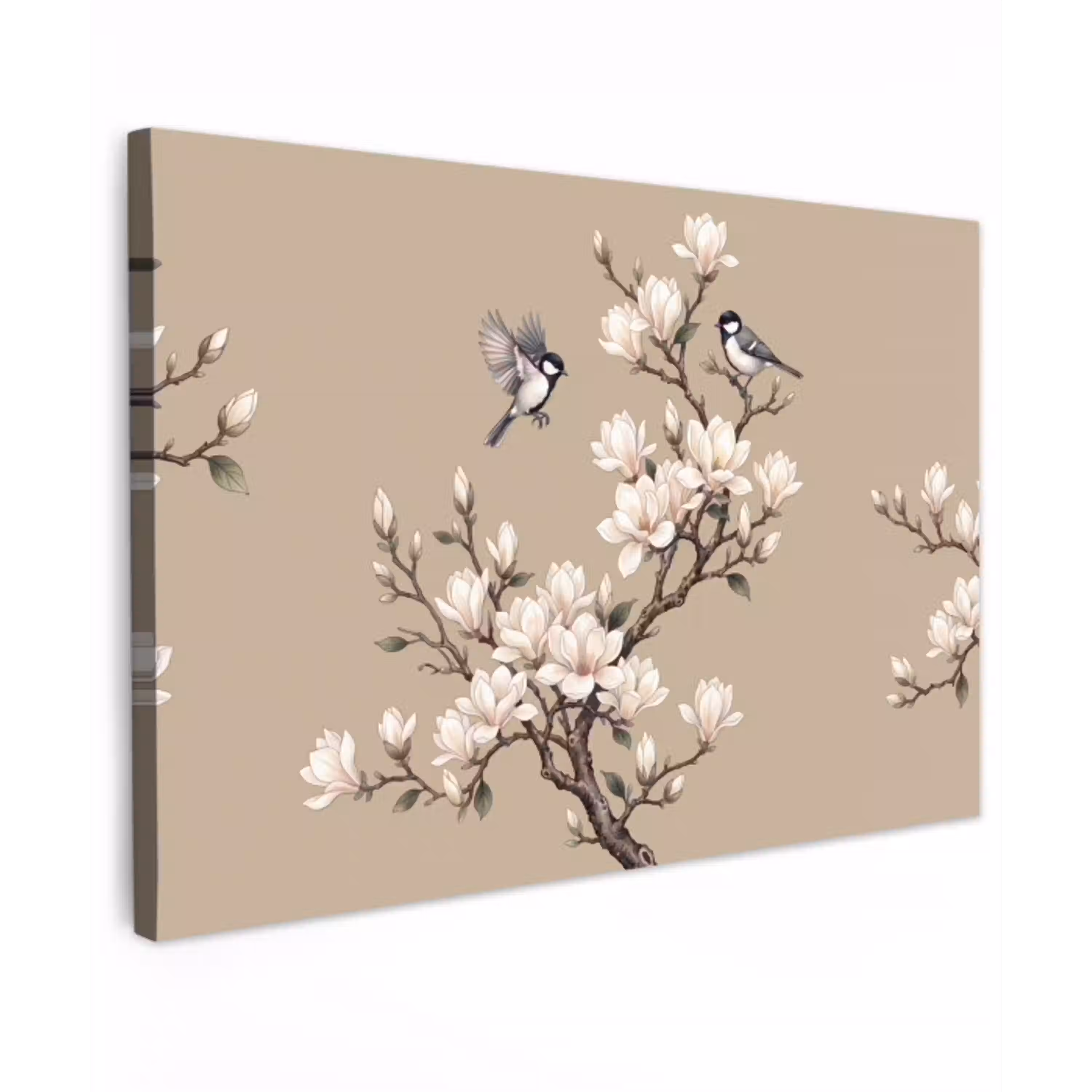 Oosters - Vogels - Beige Tuinposter op houten frame 2 cm dik klein -3d