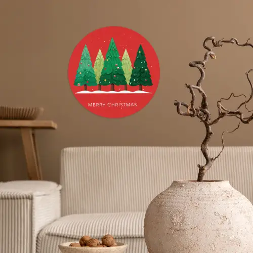 Minimalistisch - Kerstbomen - Rood - Sneeuw Wandcirkel behangsticker klein -sfeer1