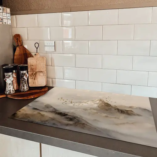 Berglandschap - Mist  - Penseelstreken Inductie beschermer vinyl 3mm klein -sfeer3