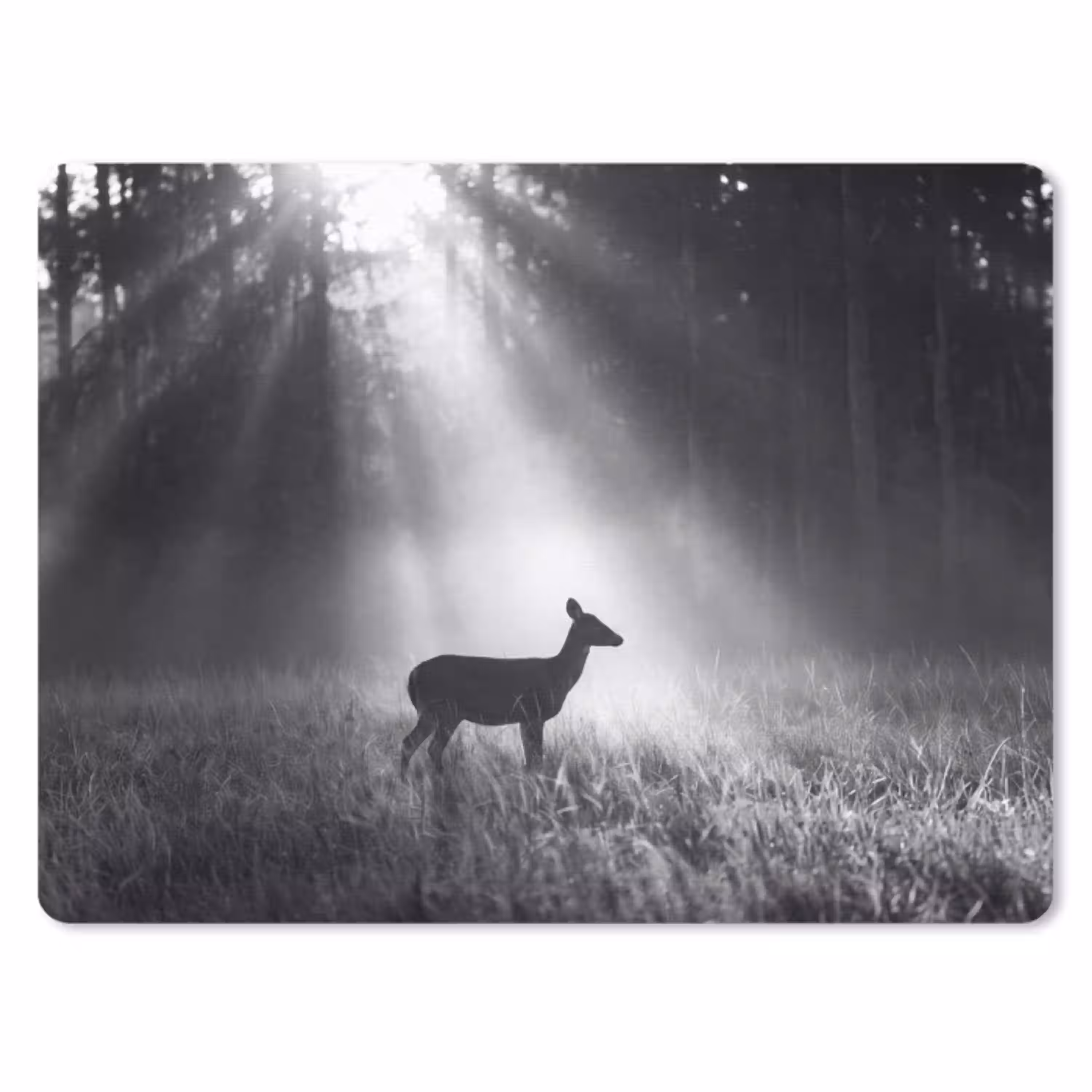 Hert - Bos - Zonnestralen - Zwart-wit - Natuur muismat rubber klein -3d