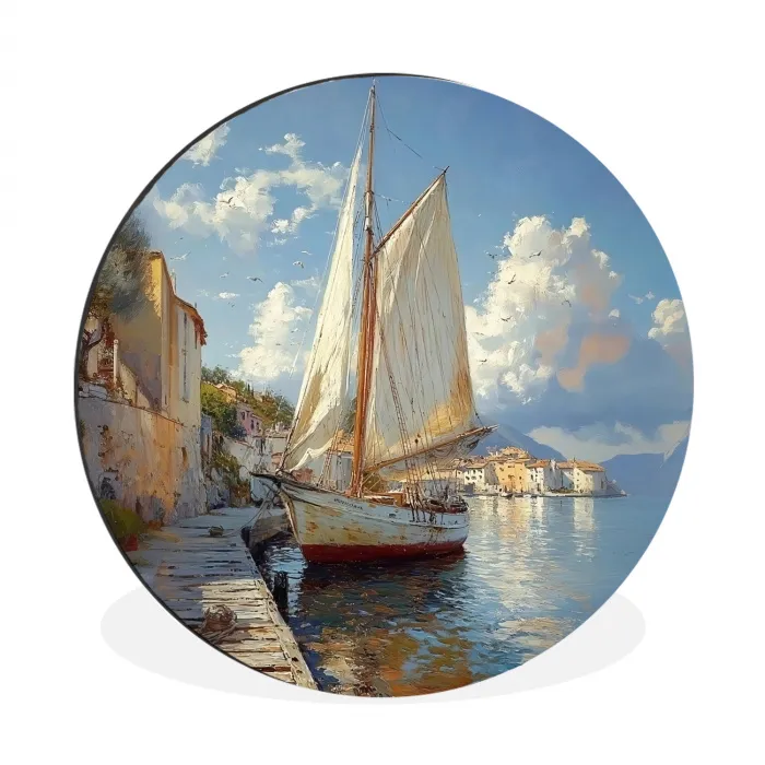 Zeilschip - Huizen - Kade - Zee Wandcirkel aluminium klein -3d