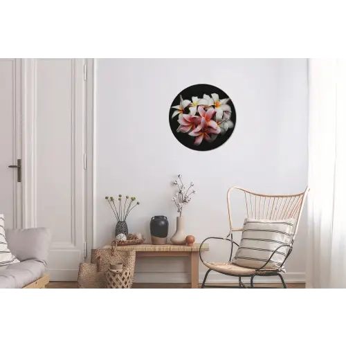 Bloemen - Roze - Zwart - Flora - Botanisch Wandcirkel aluminium klein -woonkamer