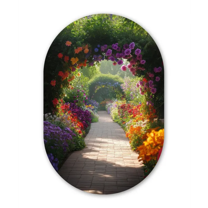 Doorkijk - Pad - Bloemen - Struik - Kleurrijk Wandcirkel Ovaal Glas middel -3d