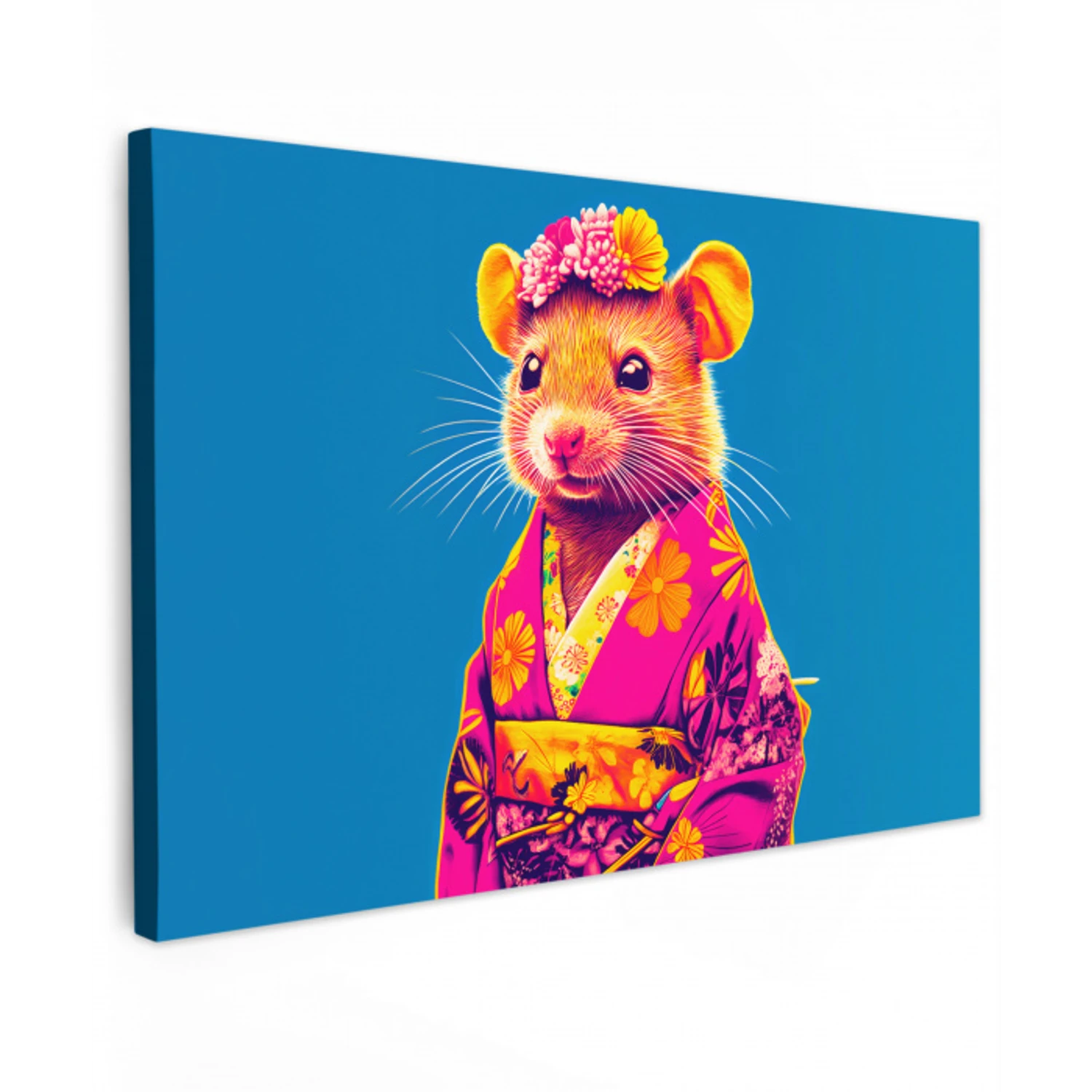 Muis - Kimono - Bloemen - Blauw Tuinposter op houten frame 2 cm dik klein -3d