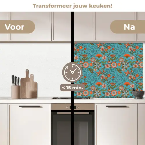 Bohemian - Bloemen - Oranje - Retro - Design keuken achterwand 2 middel 871 -voor-na2_NL