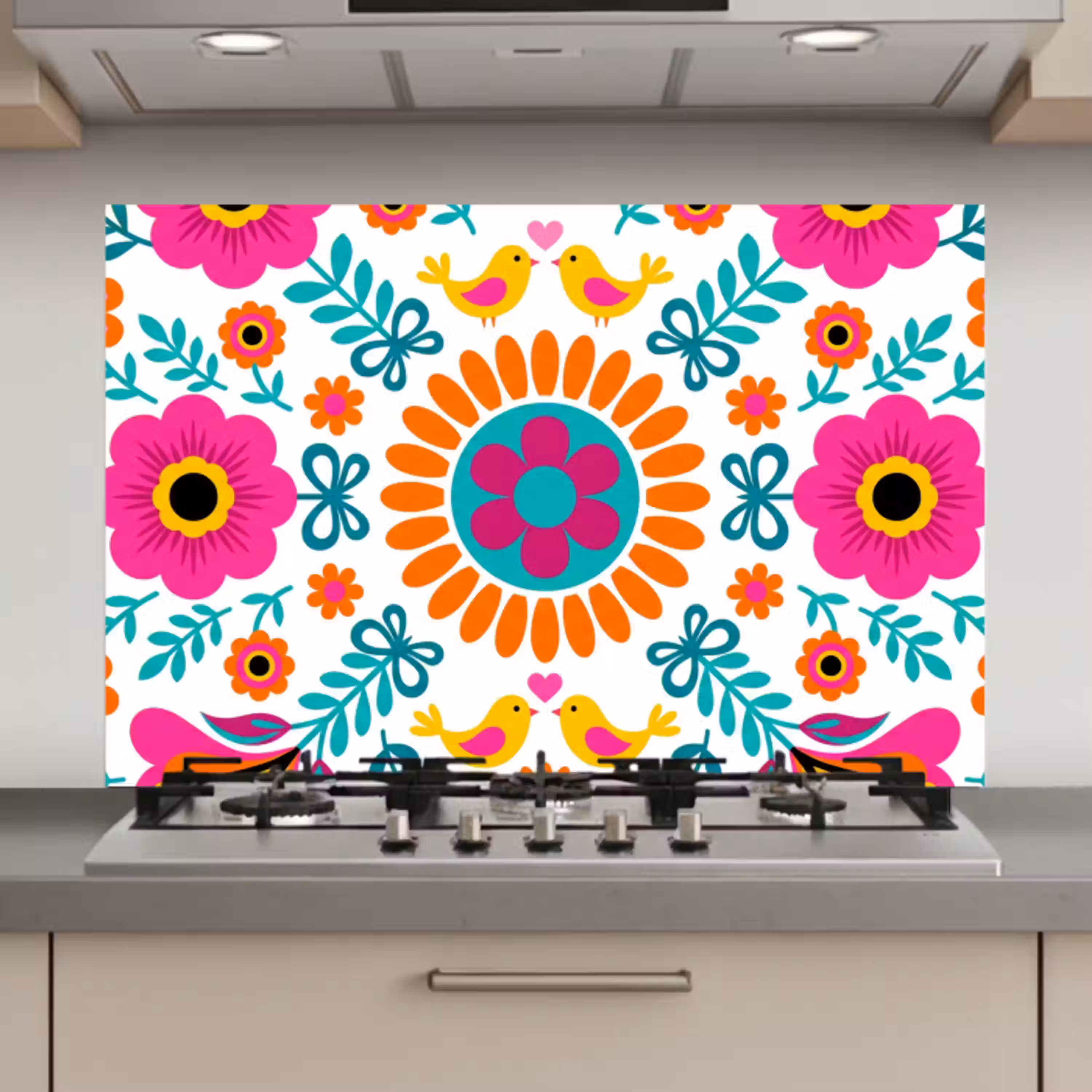 Bloemen - Vogel - Patroon - Kleurrijk - Modern keuken achterwand spatscherm klein -3d_website
