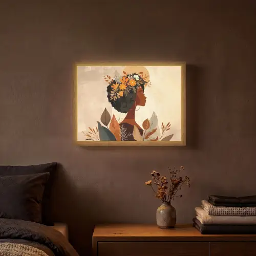 Vrouw - Krullen - Bloemen - Beige Light Box met batterij (Wandlamp) middel -sfeer4