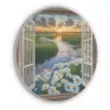 Doorkijk - Landschap - Raam - Water - Zonsondergang Akoestische PET Vilt - Rond klein -3d
