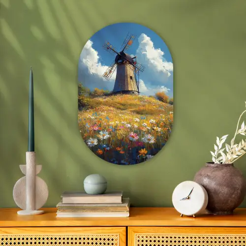 Windmolen - Heuvel - Bloemen - Kleurrijk Wandcirkel Ovaal Forex klein -sfeer2