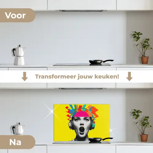 Vrouw - Koptelefoon - Geel keuken achterwand spatscherm klein -voor_na_NL
