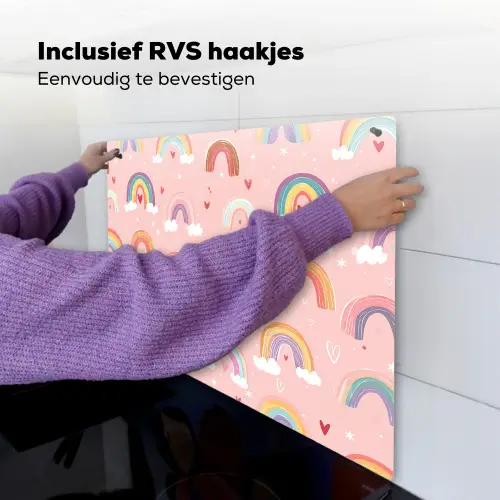 Regenboog - Patroon - Pastel - Handgetekend Inductie beschemer met haakjes middel -ky-ophangen-nl