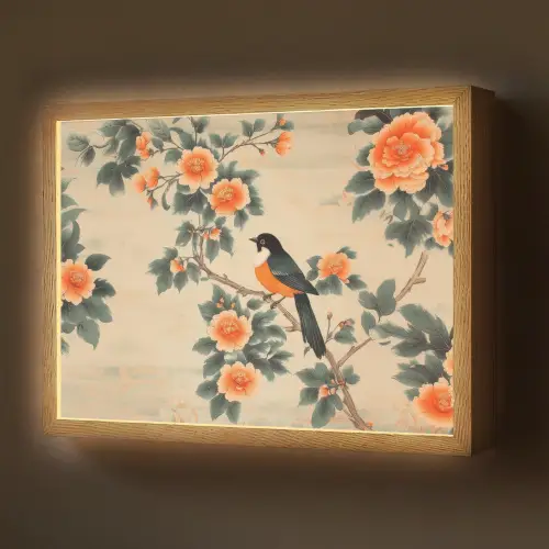 Vogel - Tak - Bloemen - Oranje Light Box met batterij (Wandlamp) middel -z3d_website