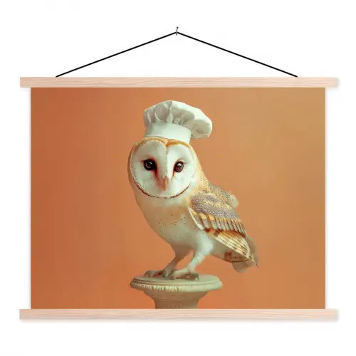 Kerkuil - Koksmuts - Oranje - Vogel textielposter latten blank klein -3d