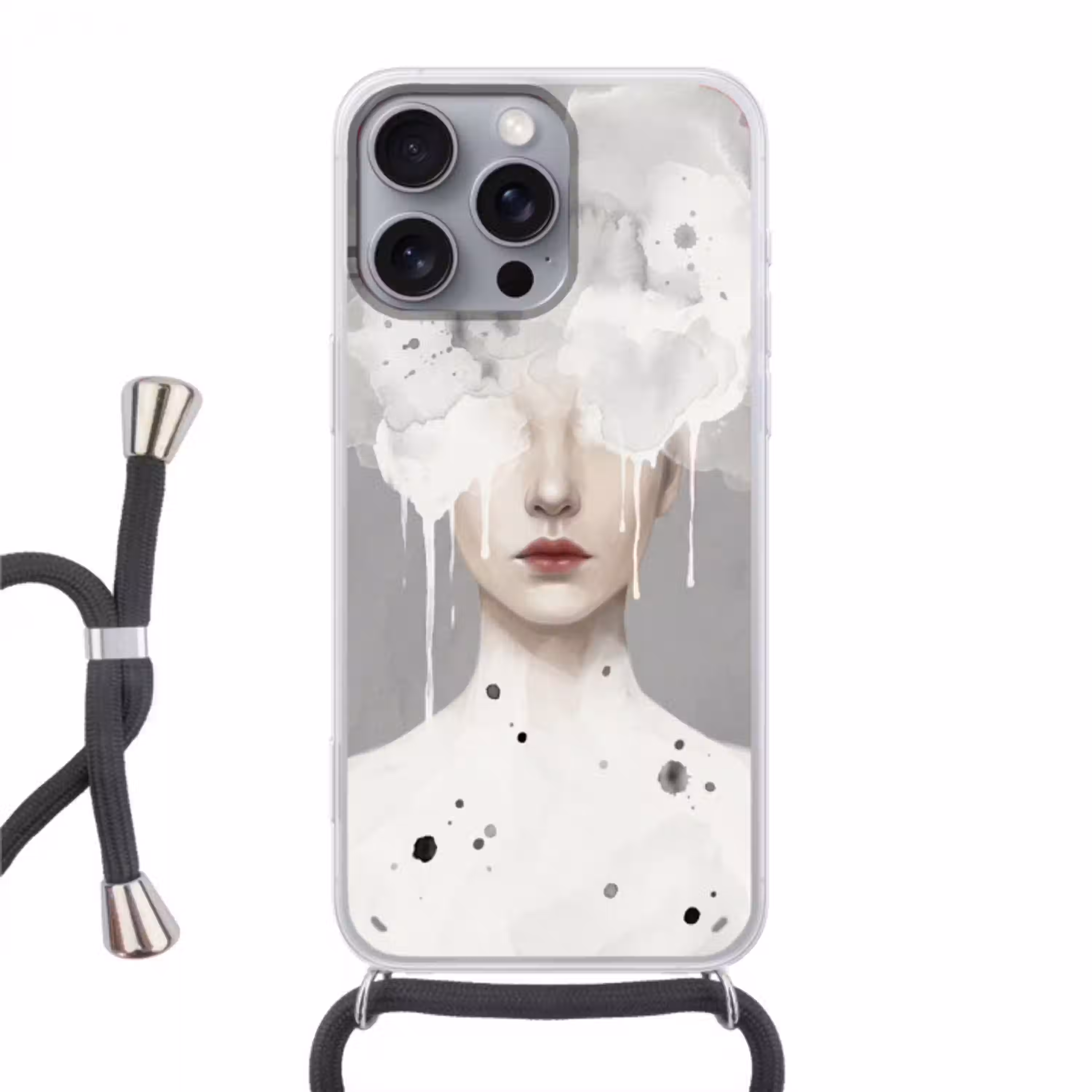 Vrouw - Wolk - Grijs Hoesje iPhone 16 Pro Max met koord klein -3d