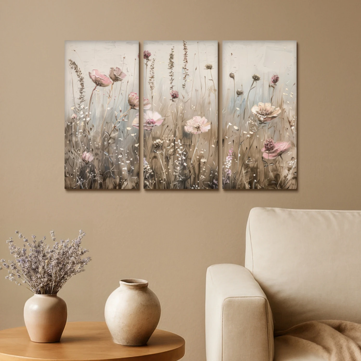 Bloemen - Beige - Modern - Roze Canvas - Meerluiken 3 luik klein -sfeer1