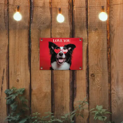Hond - Hartjesbril - Loveyou - Rood tuinposter los doek klein -sfeer1